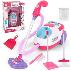 Kids Cleaning Toy Pink vacuum cleaner with light and sound cleaning accessories broom, dustpan, brush, and mop