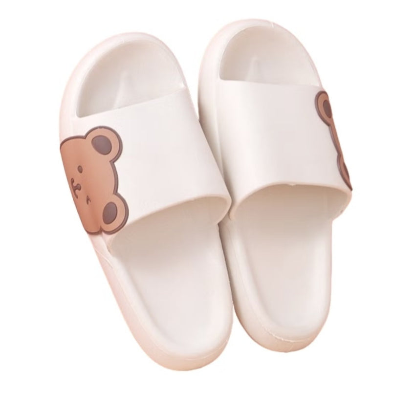 White Side Bear Slide Sandals (38-39) - Comfortable Slip-On with Cute Bear Motif