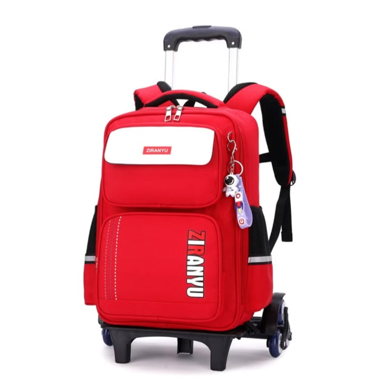 Red Six Wheel Trolley School Bag with Multiple Storage Compartments