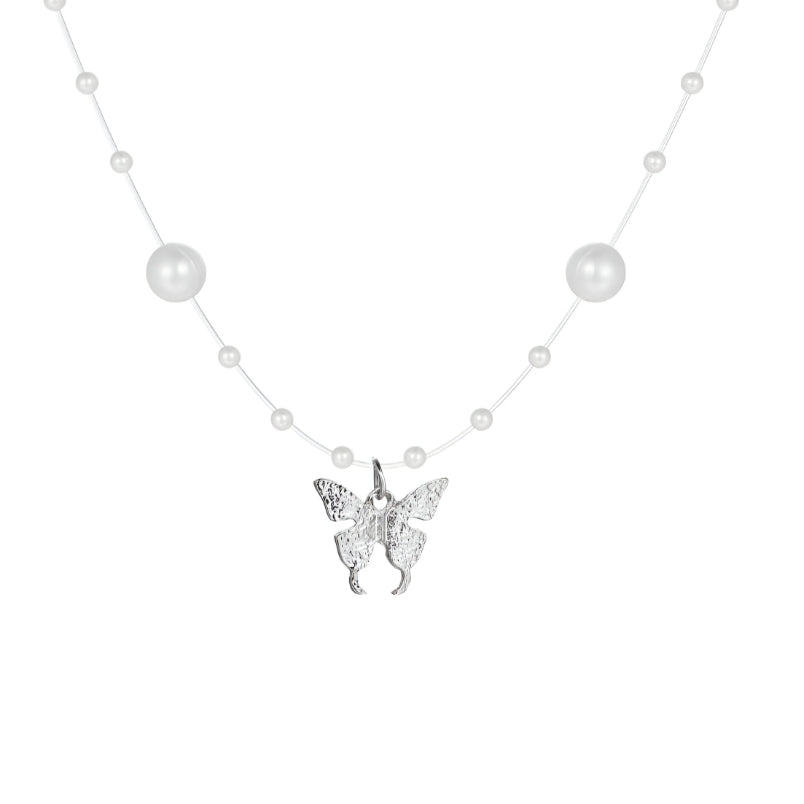 Butterfly and Pearl Necklace White - Elegant & Versatile