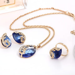 Three-Piece Jewelry Set for Women - Pendant Necklace, Earrings, and Ring - Blue