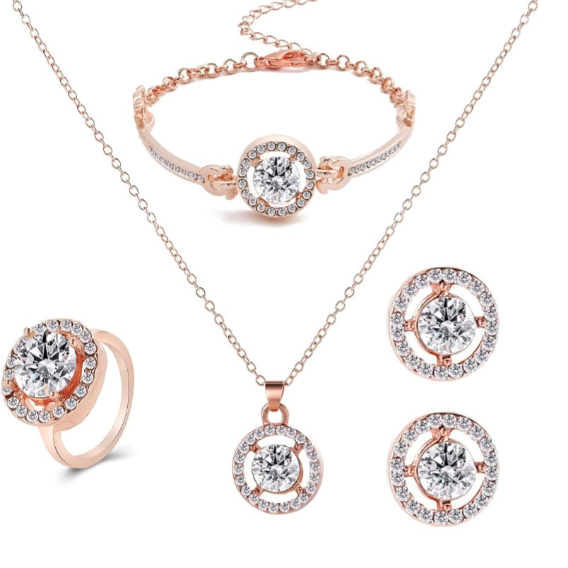 Rose Gold Crystal Jewelry Set - Necklace, Bracelet, Earrings, and Ring