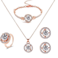 Rose Gold Crystal Jewelry Set - Necklace, Bracelet, Earrings, and Ring