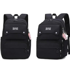 Black School Backpack with Multiple Compartments and Cute Keychain Accessory