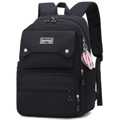 Black School Backpack with Multiple Compartments and Cute Keychain Accessory