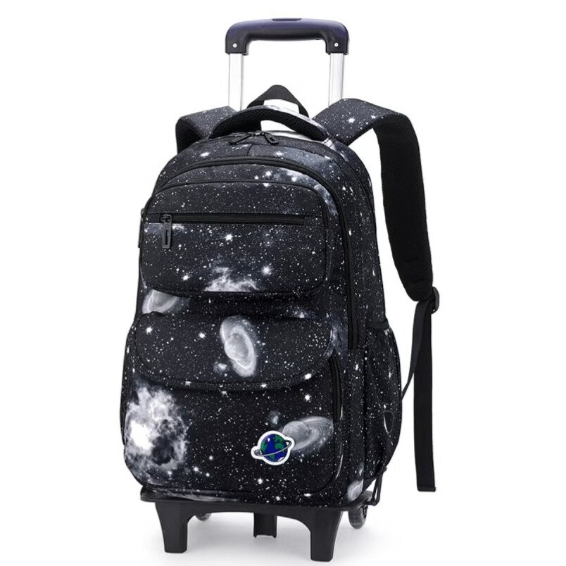 Black and Gray Starry Sky Rolling Trolley School Backpack with Two Wheels