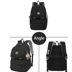 Black School Backpack with Multiple Compartments and Cute Keychain Accessory