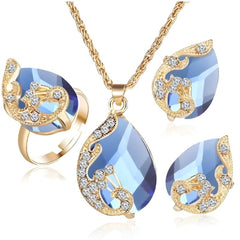 Three-Piece Jewelry Set for Women - Pendant Necklace, Earrings, and Ring - Blue