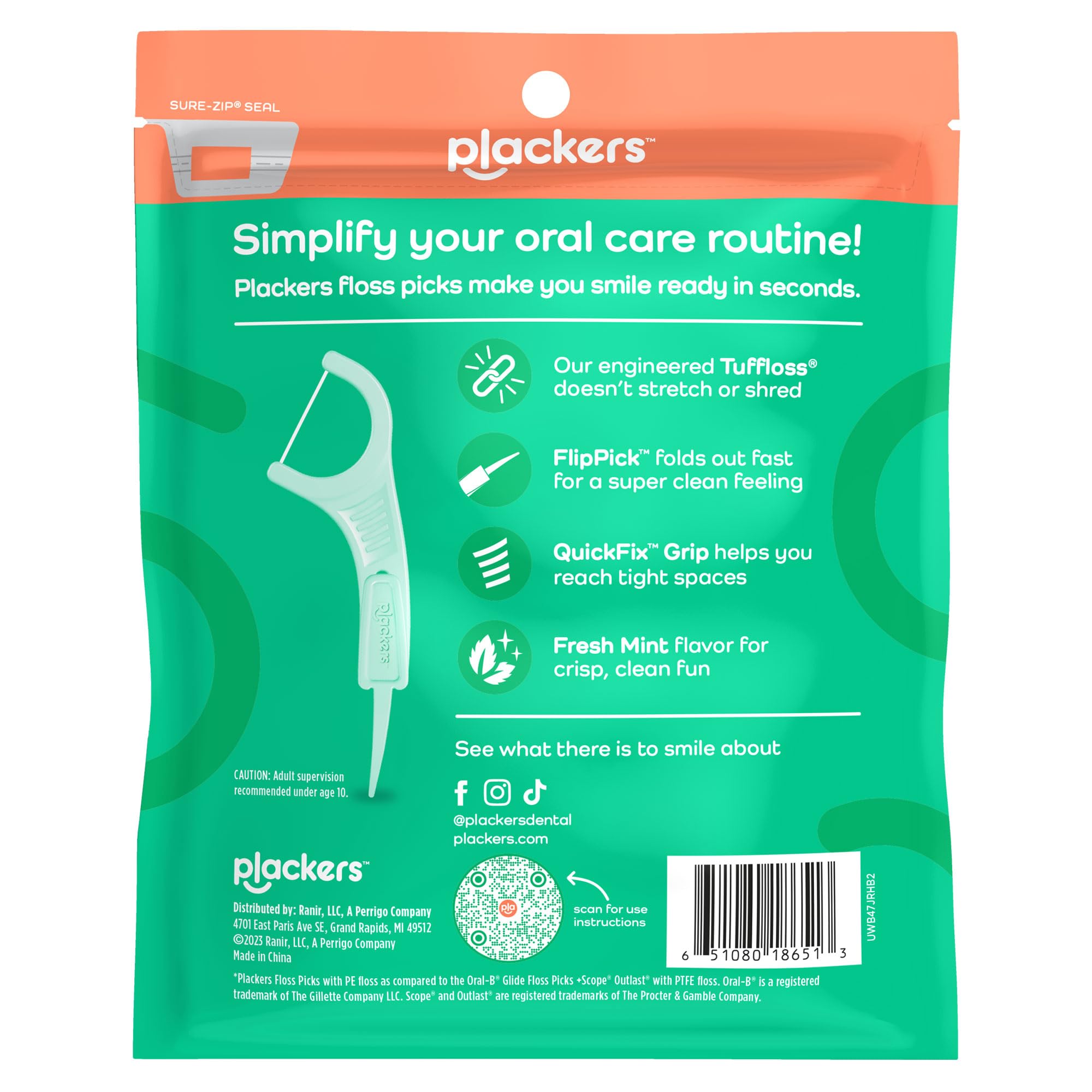 Plackers Micro Mint flossers 150 pack. Green resealable bag showing single floss pick and product info