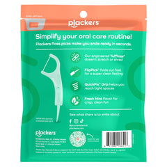 Plackers Micro Mint flossers 150 pack. Green resealable bag showing single floss pick and product info