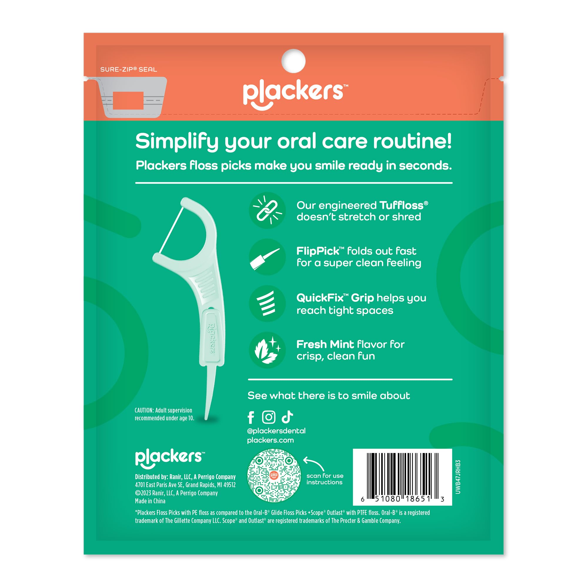 Plackers Micro Mint flossers 150 pack resealable green and orange pouch showing a floss pick and benefits list