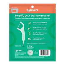 Plackers floss pick package back panel with barcode and product details.
