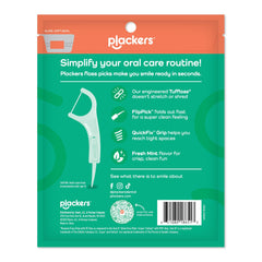 Plackers Micro Mint flossers 150 pack resealable green and orange pouch showing a floss pick and benefits list