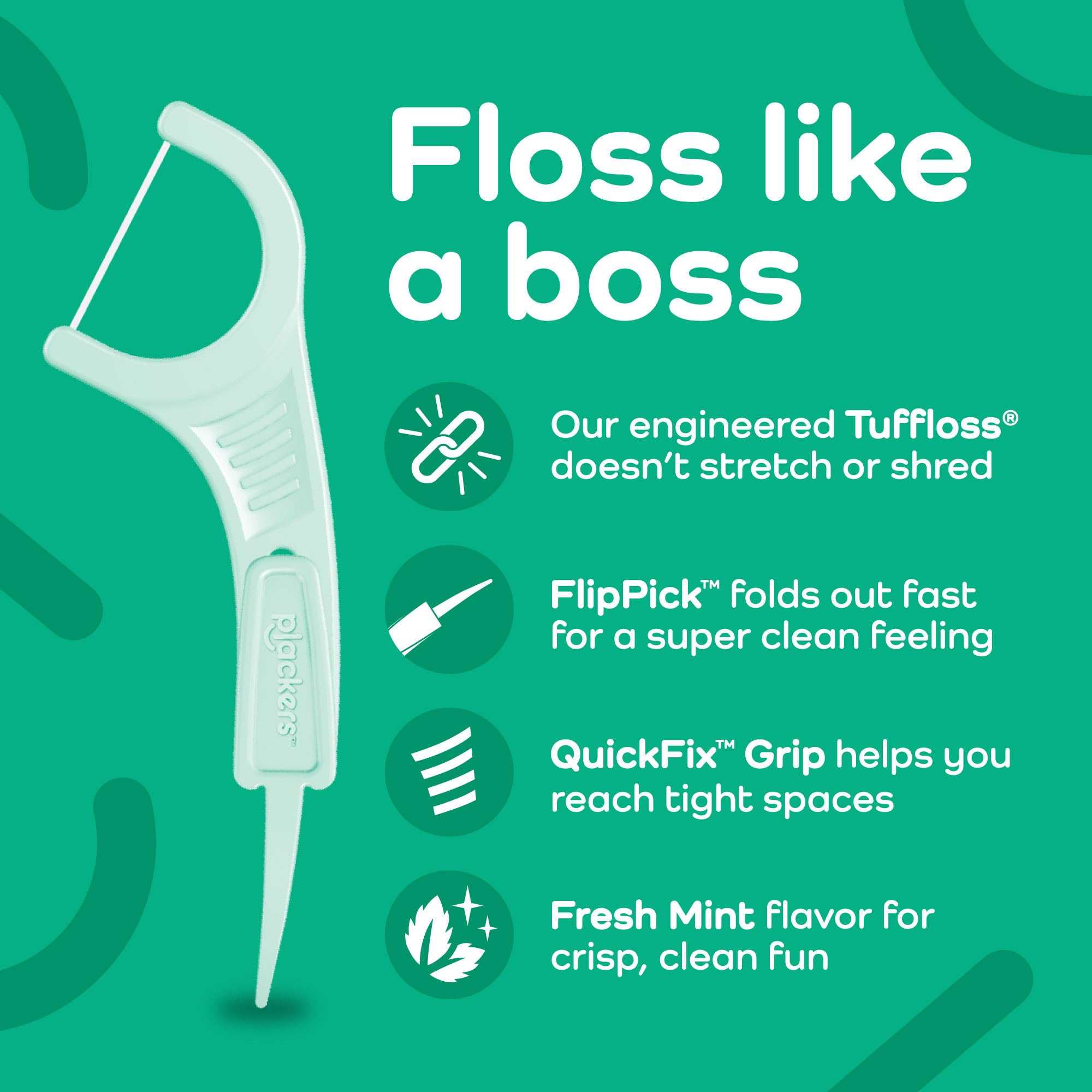 Plackers Micro Mint flossers 150 pack image showing a mint green flosser with Floss like a boss text and feature icons
