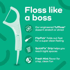Plackers Micro Mint flossers 150 pack image showing a mint green flosser with Floss like a boss text and feature icons