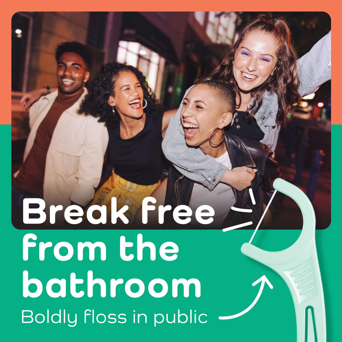 Happy friends at night with a green floss pick graphic and product text Plackers Micro Mint flossers 150 pack
