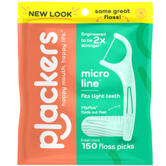 Plackers Micro Mint flossers 150 pack mint micro line floss picks in resealable pouch showing front packaging