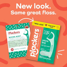 Plackers micro mint and micro line floss pick packages.