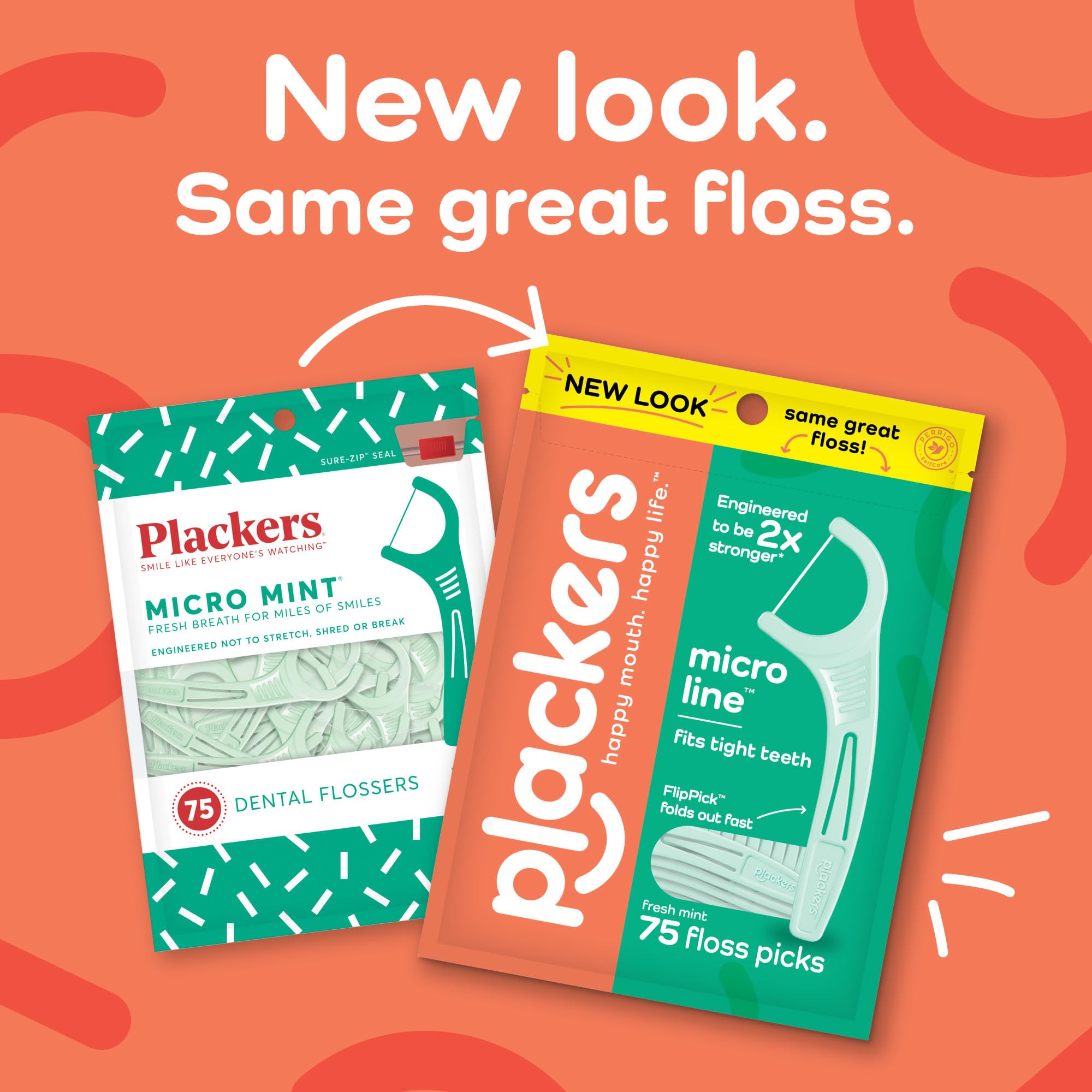 Plackers Micro Mint flossers 150 pack showing old and new green packaging with mint floss picks
