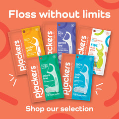 Plackers Micro Mint flossers 150 pack with assorted colorful Plackers floss pick variety packs displayed