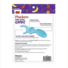 Kids dental flosser package back with dual grip handle and angled head