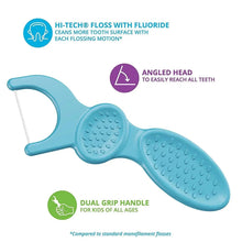 Blue dual grip handle kids dental flosser with angled head and fluoride