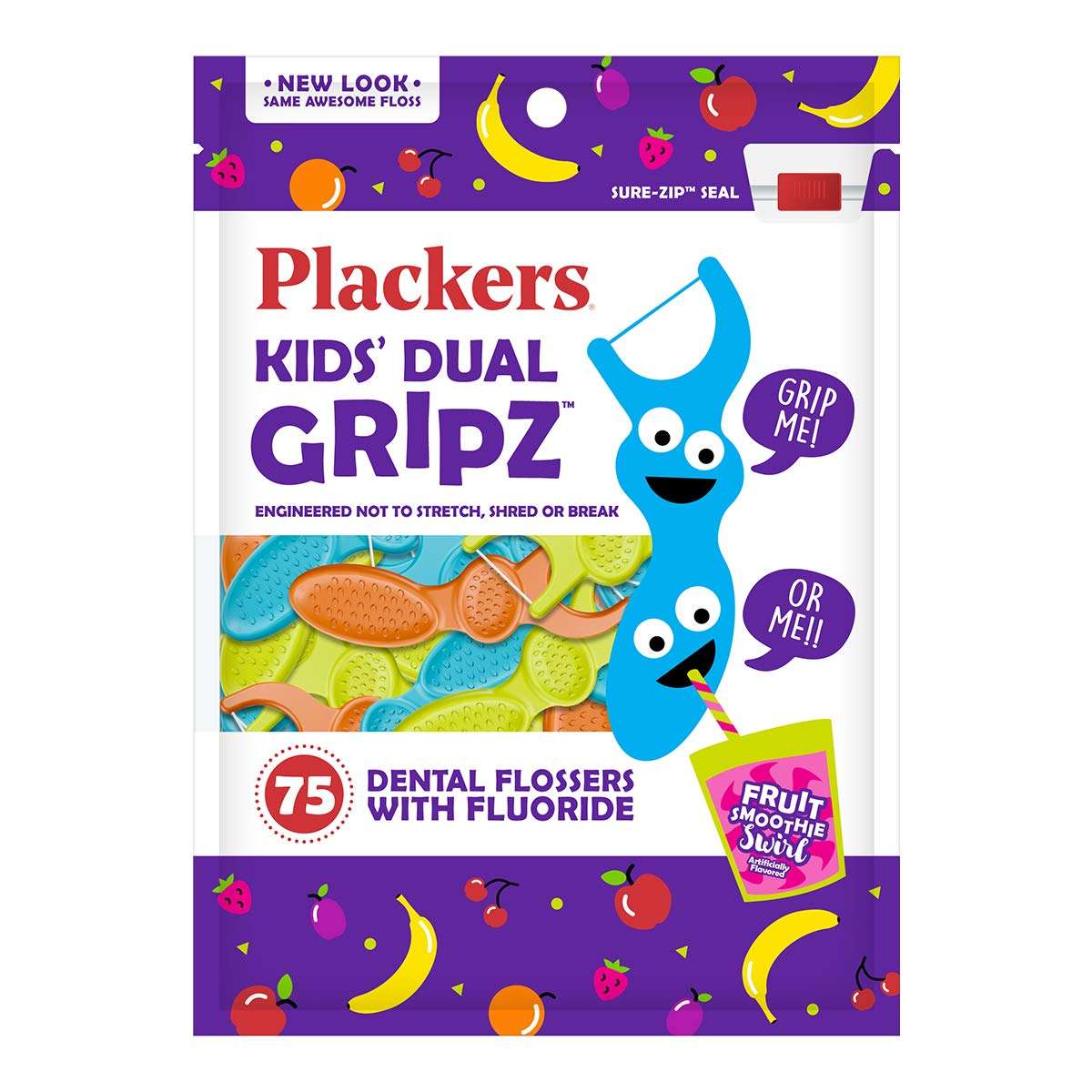 Plackers dual grip dental flossers with fluoride kids Dual Gripz colorful resealable pouch 75 fruit smoothie flossers