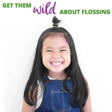 Kids dental flossing promotion with a smiling child