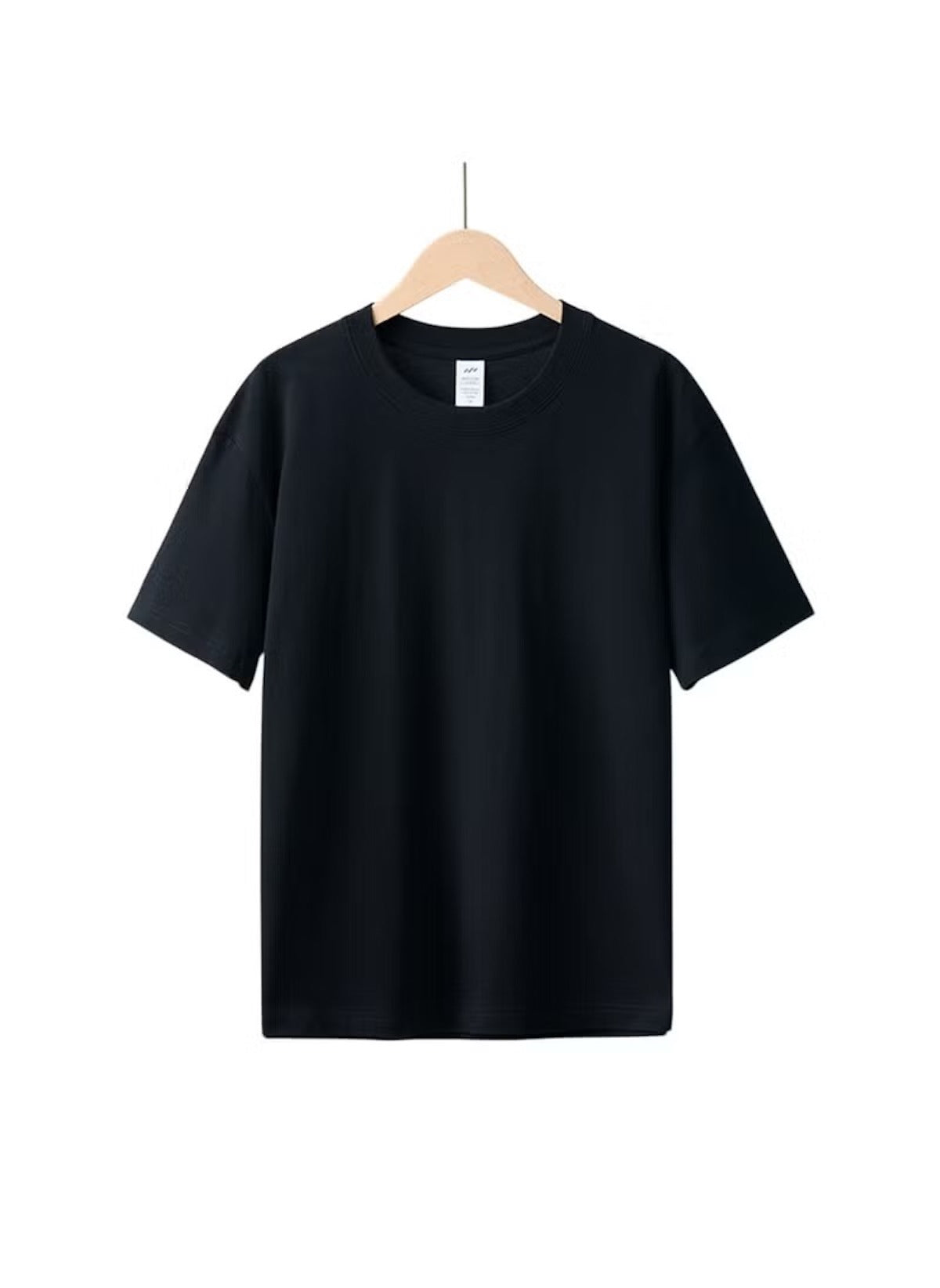 Black plain t shirt for men XL by Huitich hanging on wooden hanger with white background