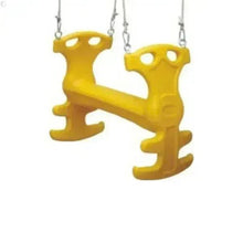 Plastic double swing for kids with two yellow hanging seats and chains