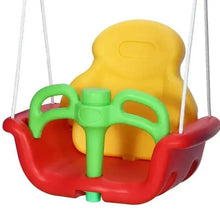 Kids plastic safety swing seat, yellow back, red shell, green supports, hanging rope straps.