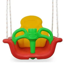 Kids plastic swing seat with yellow headrest, red base, green handles, two hanging ropes.