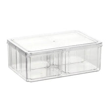 Rectangular clear plastic refrigerator food organizer box with hinged lid and divider compartments