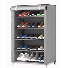 Plastic shoe organizer shelf with dark cover, open front with multiple rows of shelves