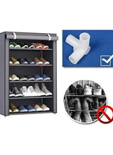 Plastic shoe organizer shelf with cover, shown open with four rows of shoe storage