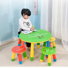Round green toddler study table with three matching stools, colorful striped legs and seats
