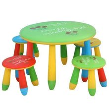 Kids plastic study table with round green top and four color block stools, multicolor legs