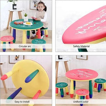 Round green kids study table with matching stools, multicolor striped legs and seats