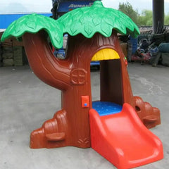 Huitich plastic tree playhouse for kids with green leafy roof and red slide outdoor toy