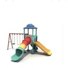 Outdoor playground set with tunnel slide and swing frame, red and multicolor slide