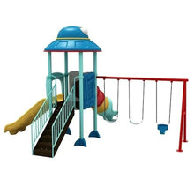 Outdoor playground set with blue tower, yellow slide, tunnel slide, and red swing