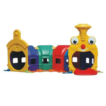 Kids plastic caroling tube play tunnel with smiling yellow character and colored sections