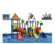 Outdoor playground playset with multi slides and splash bucket, blue frame, orange/yellow slides