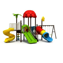 Outdoor playground structure with red canopy, green slide, blue tunnel and swing set.