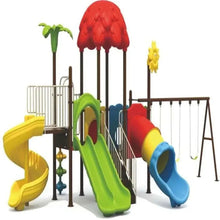 Outdoor playground structure with green slide, yellow spiral slide, and two swings.