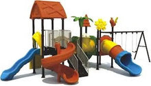 Kids outdoor playground playset with slides, swings, and enclosed climbing platform