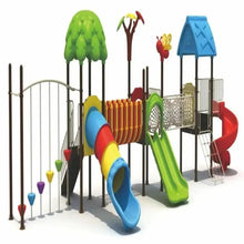 Multicolor kids playground set with slide, tunnel, climbers, and safety rails