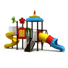 Kids outdoor playground set with slide and climbing bars, yellow blue red parts