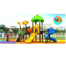 Outdoor kids playground set with green roof, yellow slide, and blue spiral slide