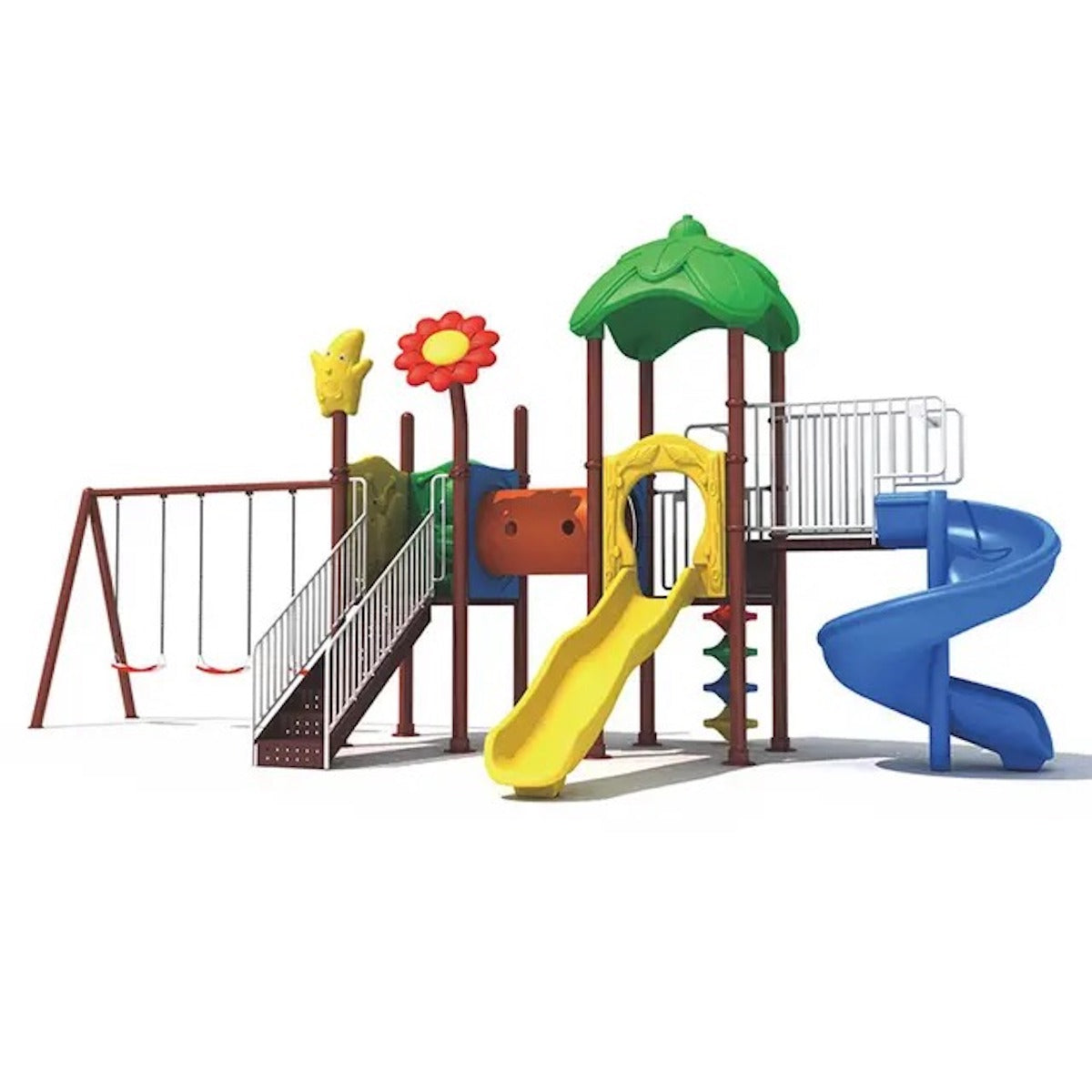 Huitich colorful outdoor playground set for kids with twin swings yellow slide climbing wall and spiral slide